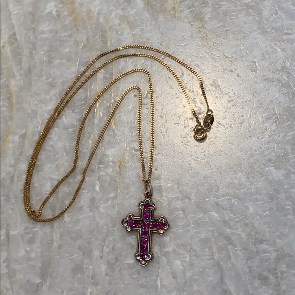 Beautiful Rose Gold/Silver Cross w/ Rubies & Chain
